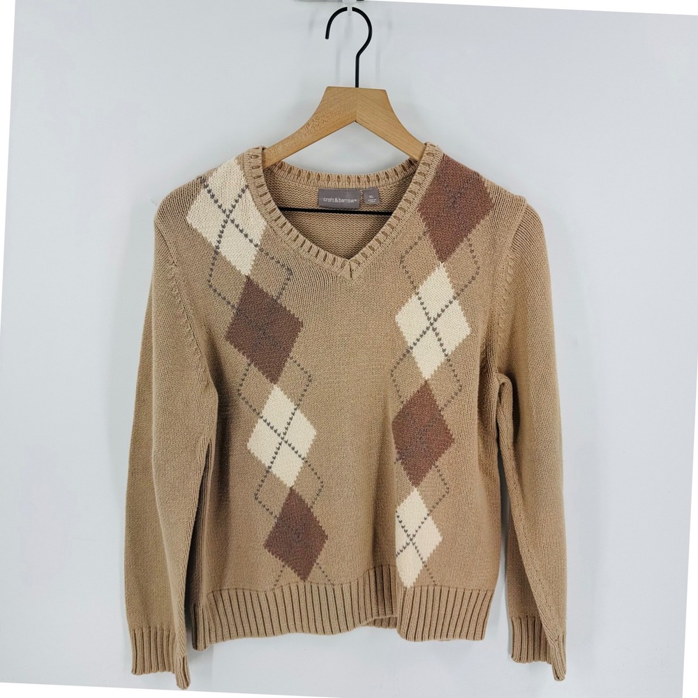 Vintage Croft‎ & Barrow Tan Argyle Knit Sweater Size XL Preppy Academia